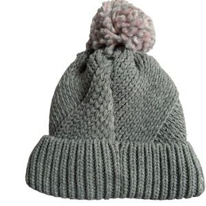 Rachel Zoe Gray Knit Fleece-Lined Beanie Winter Hat with Pom